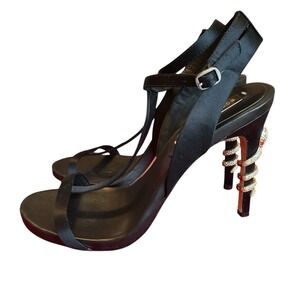 BCBGMAXAZRIA Black Satin Strappy Pumps W/ Gold Tone Crystal Snake Heels, Size 10